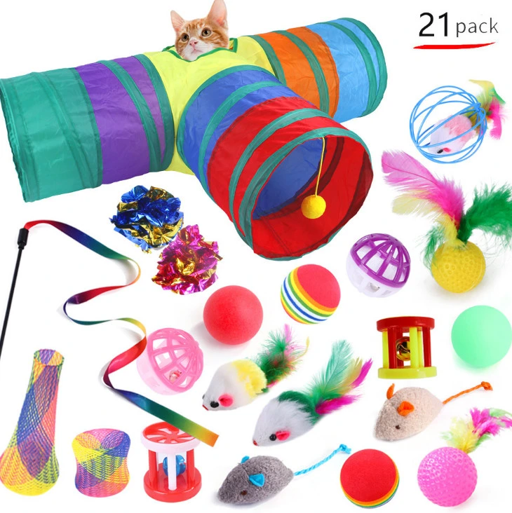 Amazon Hot Sell Pet Supplies Variety of Funny 21PCS Cat Toy Sets for Playing Feather Toys Cat Tunnel Ball Toy Pet Accessories