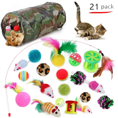 Venta caliente de Amazon, suministros para mascotas, variedad de divertidos juegos de juguetes para gatos de 21 Uds para jugar, juguetes de plumas, túnel para gatos, bola de juguete, accesorios para mascotas